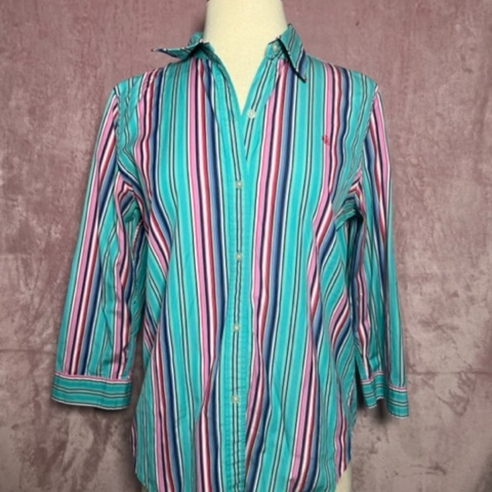 Ralph Lauren Lauren Womens Blue Pink Stripped Button Down Mid Sleeve Size Medium - Picture 1 of 6